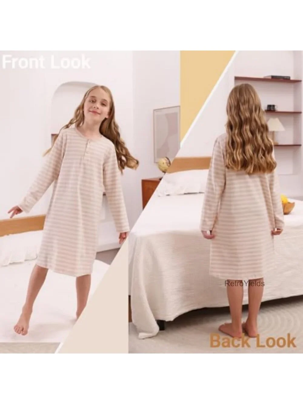 Girls Organic Cotton Nightgown Lace Trim Long Sleeve Sleepwear Dress
